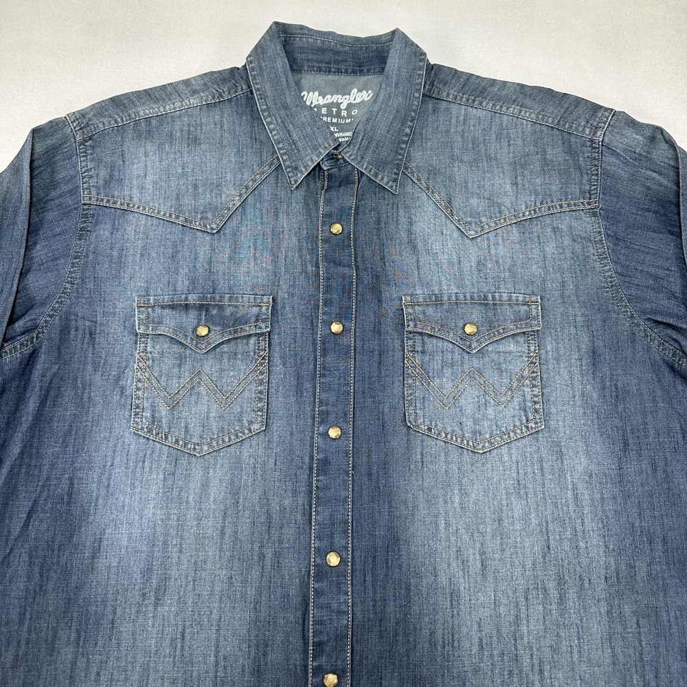 Wrangler Retro Shirt Mens XL Blue Denim Western Pearl Snap Long Sleeve Rodeo